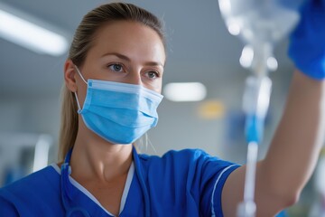 Focused Female Nurse in a Mask Adjusting an IV Drip