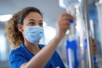 Female Nurse in Mask and Scrubs Preparing an IV Drip