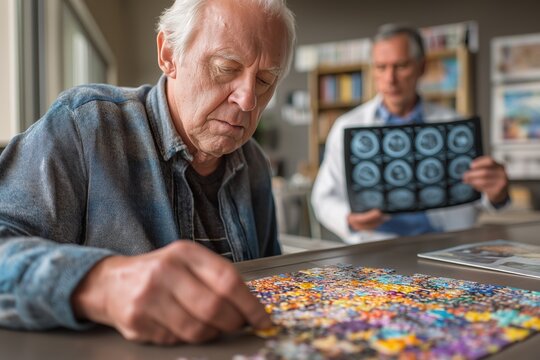 Senior Man with Dementia Doing a Jigsaw Puzzle with Doctor