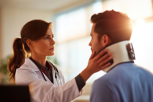 Female Doctor Examining a Male Patient with a Neck Brace