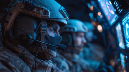 Soldiers in tactical gear monitoring data on digital screens with advanced AI technology, illuminated by holographic lighting