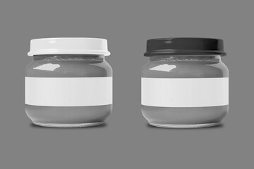 Glass jar mockup for jam or honey with blank white label isolated on background, minimal and realistic product display. 3d rendering