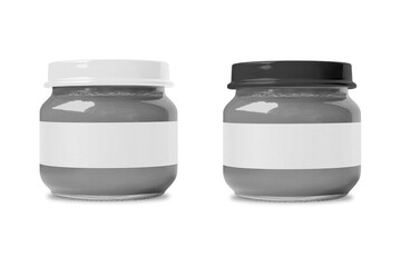 Glass jar mockup for jam or honey with blank white label isolated on background, minimal and realistic product display. 3d rendering