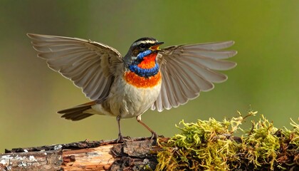 A beautiful bird with colorful feathers expanding its wings in nature