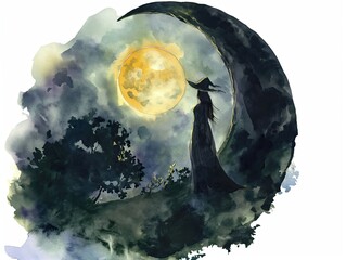 A witch is depicted against the backdrop of a spooky forest and the moon.