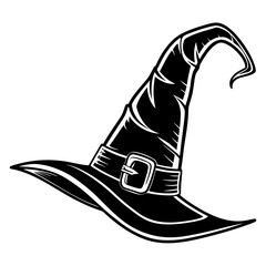 Black witch hat icon pointy shape with curved brim and buckle