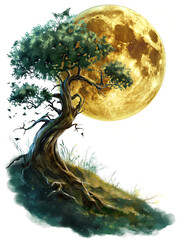 A spooky forest is depicted against the backdrop of the moon.