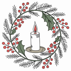 Christmas wreath with lit candle and holly berries