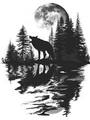 A wolf is depicted against the backdrop of a spooky forest and the moon.