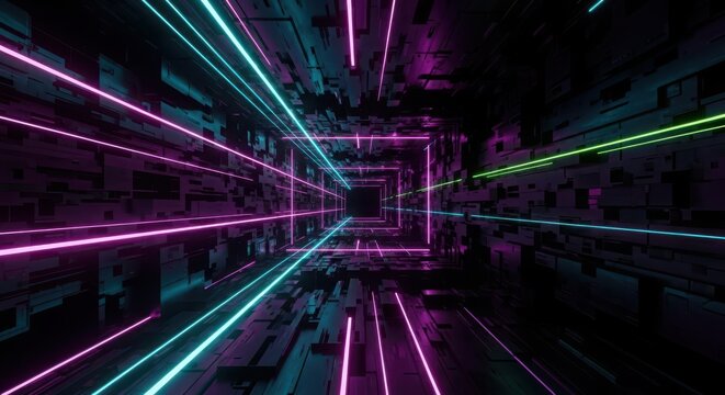 Abstract futuristic tunnel with neon lights and geometric patterns