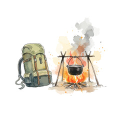 Watercolor art of an outdoor camping scene, with a hiking backpack, a warm campfire, and a cooking pot, symbolizing wilderness adventure and nature exploration