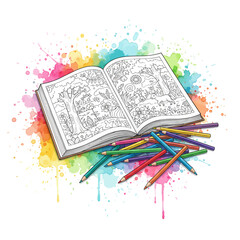 Open coloring book with intricate illustrations, vibrant paint splatters, and a collection of colorful pencils, symbolizing creative relaxation, mindfulness, and artistic joy for all ages