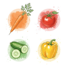 Vibrant watercolor vegetable illustrations. Featuring fresh carrots, tomatoes, cucumbers, and bell peppers on colorful splash backgrounds. Perfect for healthy eating and nutrition themes