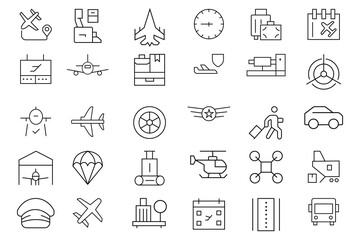 Aviation icons set.  Collection of Hostess, Airplane, Fly, Helicopter, Flight attendant, Plane, Boarding pass, Oxygen mask, Airport, Small plane, Battleship icons.  Vector Illustration. 