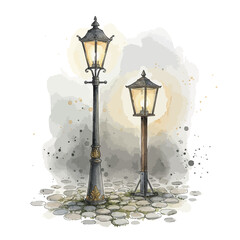 Charming watercolor illustration featuring two vintage street lamps with warm, glowing lights, illuminating a classic cobblestone path, perfect for evoking a nostalgic urban scene
