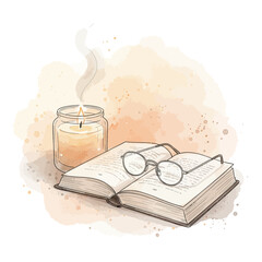 A tranquil watercolor illustration featuring an open book, reading glasses, and a softly glowing candle, ideal for creating a cozy atmosphere for study and relaxation