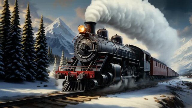 Dramatic low-angle shot of a vintage steam train chugging through snowy mountains, capturing a cinematic video feel with dynamic motion and contrast. Live desktop wallpaper.