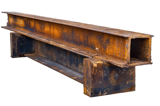 Detailed view of rusty steel beams showing corrosion and wear from years of exposure to weather and environmental conditions at a construction site