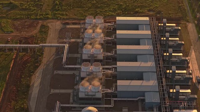 Aerial panorama of Google data center at evening sunset