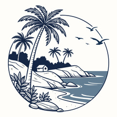 Tropical beach scene with palm trees and ocean inside circle