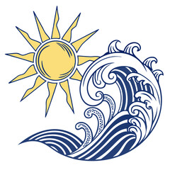 Yellow sun and blue waves graphic icon ocean water