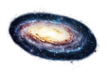 Galaxy isolated on white background showcasing swirling stars, nebulae, and bright core illuminated by cosmic light in vivid colors