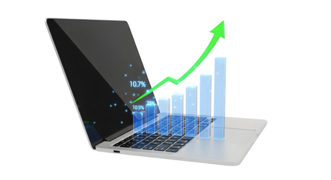 Laptop displaying rising bar chart — digital growth analytics stock photo
