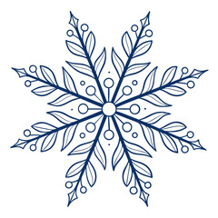 Dark blue line art snowflake icon with leaves and berries