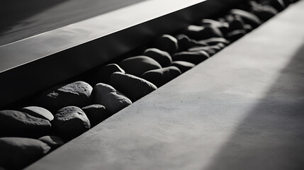 Rocks in a stylish architectural feature, creating a zen and modern aesthetic. Smooth stones complement sleek design.