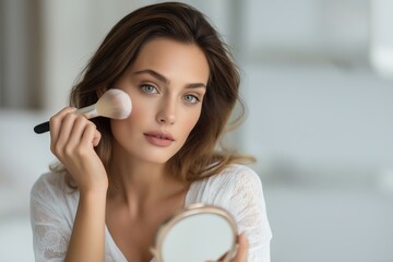 Beautiful Natural Woman Applying Makeup Powder with a Soft Brush