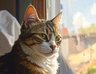 A Beautiful Cat Looking Out the Window with a Focus on its Green Eyes