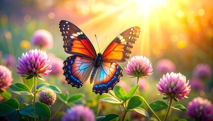 A Beautiful Butterfly with Colorful Wings Hovering Over Pink Flowers and Sunlight