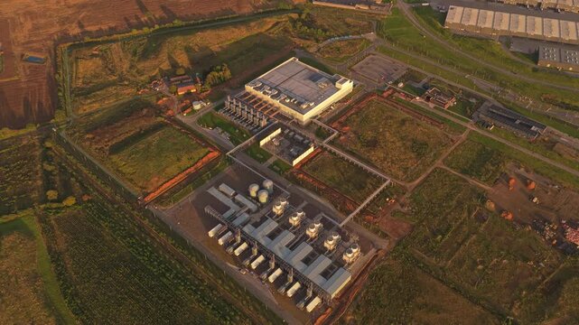 Modern Google computing center in sunset light, aerial view