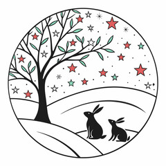 Two rabbits under starry tree on snowy hills bunny
