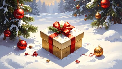 A Beautiful Christmas Gift Box with Red Ribbon and Ornaments in a Snowy Landscape