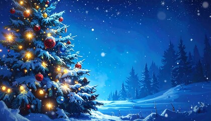 A beautiful Christmas tree scene in a snowy landscape during the night