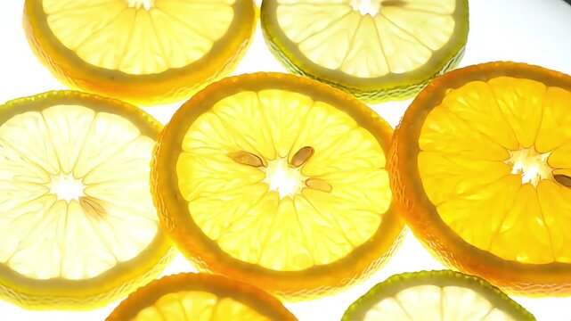 bright backlit lemon lime and orange citrus slices with translucent vibrant colors on a clean white background.