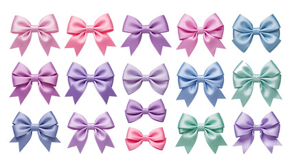 A set of decorative bows of various shapes and sizes, neat and symmetrical, in a soft color scheme, made of satin, silk, transparent background, individual elements for design