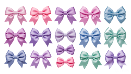 A set of decorative bows of various shapes and sizes, neat and symmetrical, in a soft color scheme, made of satin, silk, transparent background, individual elements for design