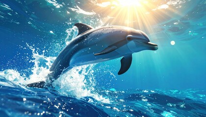Dolphin swimming in clear ocean water under bright sunlight with splashes