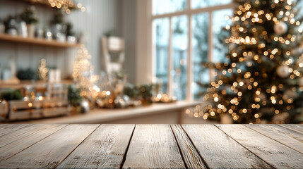 empty wooden table with blurred background of a christmas tree and decorations in a dining room, for product display montage. 3d rendering. Cozy natural interior during christmas time, christmas tree 