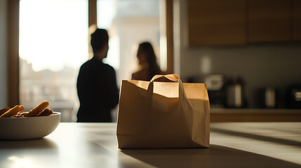Paper bag on kitchen counter with snacks and couple in background. Warm, inviting, cozy scene. Food delivery, relationship, and home lifestyle.