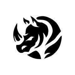 Aggressive, circular logo featuring a stylized rhinoceros head in a monochrome, negative-space design. It projects power, strength, and protection, perfect for security, sports, or eSports branding.