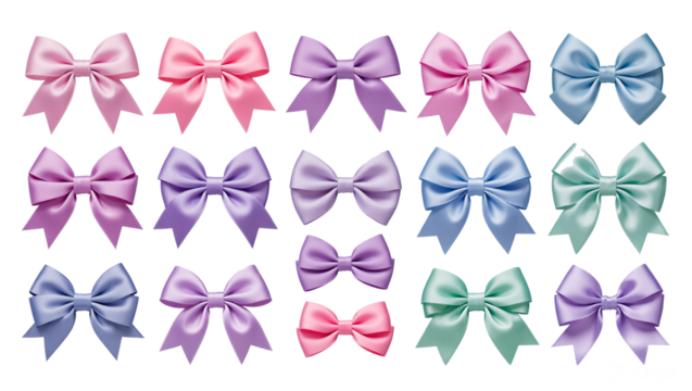 A set of decorative bows of various shapes and sizes, neat and symmetrical, in a soft color scheme, made of satin, silk, transparent background, individual elements for design