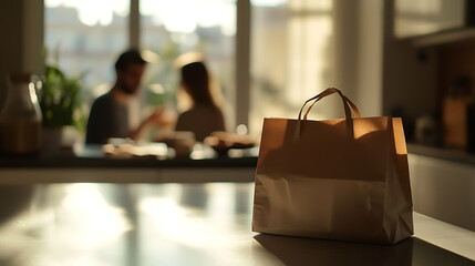 Delivery bag rests on counter as blurred figures dine in the background. The setting sun casts shadows across the scene, creating a warm, inviting ambiance.
