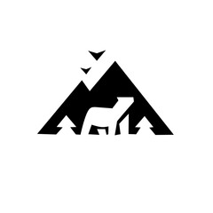 Minimalist mountain logo featuring a bear silhouette, pine trees, and flying birds, symbolizing adventure, wilderness, and nature’s harmony in bold black style.