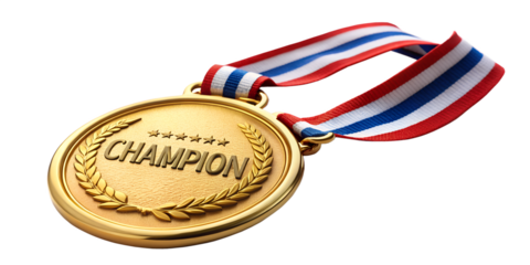 A shiny gold champion medal with a red, white, and blue ribbon isolated on transparent background is a symbol of victory, achievement, and success in sports and competition