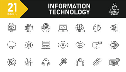 Information technology line icon set. Set of 21 outline icons related to IT, programming, network, information technology, internet, IT manager and others. Editable stroke. Vector illustration.