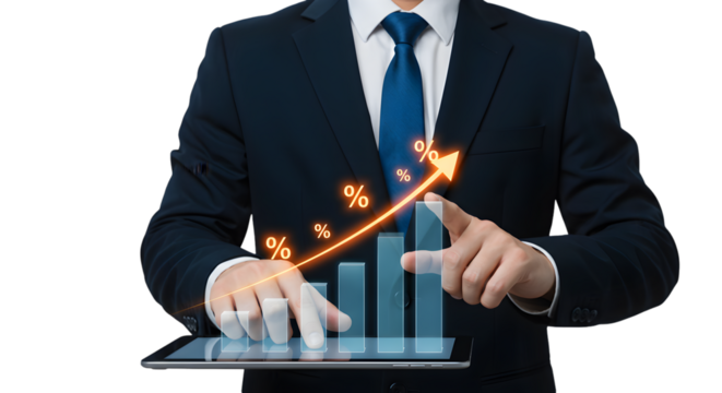 Businessman with digital growth chart on tablet — corporate finance stock photo