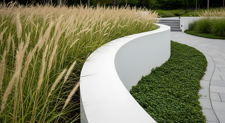 Fototapeta premium Modern garden design with ornamental grasses and white curved retaining wall